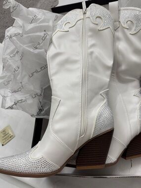 White Western-Inspired Mid-Calf Boots with Crystal Accents